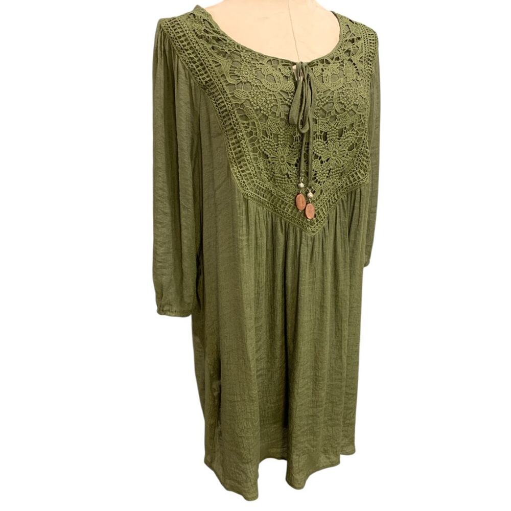 XL Indigo Rose Womens Boho Shift Dress Olive Green